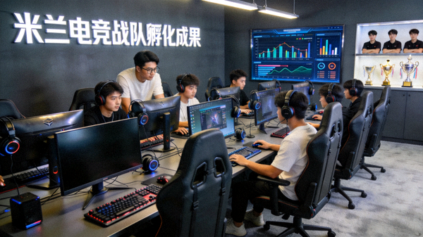 米兰电竞战队孵化成果展示，年轻选手在专业训练室中备赛训练